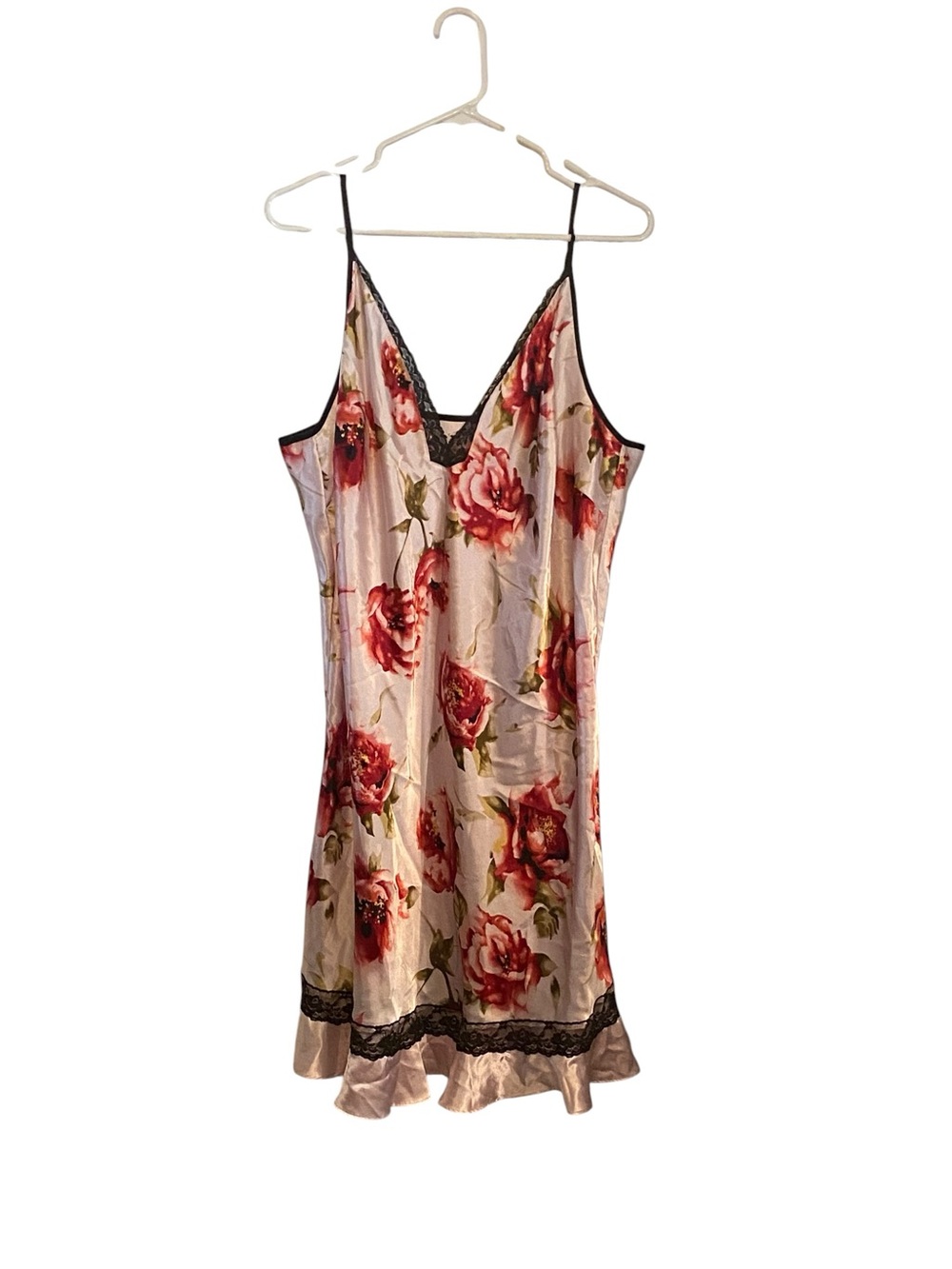 Valerie Stevens floral red roses pink Satin lace trim Coquette lingerie nightie - Picture 2 of 9